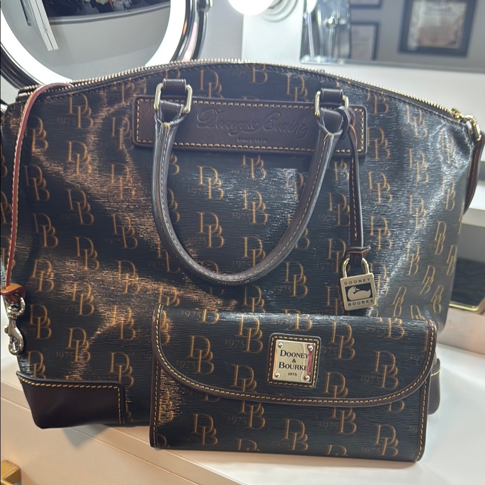 Dooney & Bourke Black and Brown Monogram Tote Set